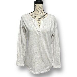T by Talbots S Gray‎ Speckled Cotton Split Neck Henley Roll Tab Sleeves Casual